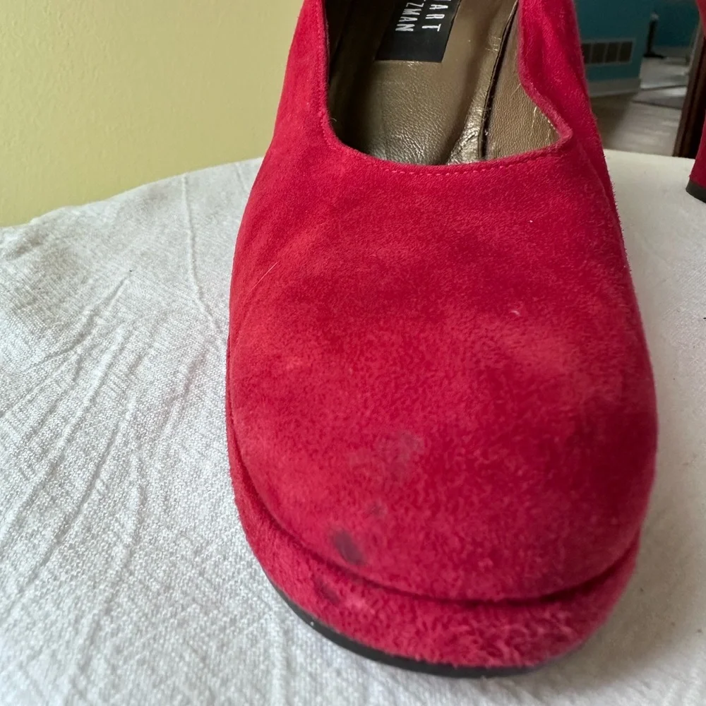 Bold Feminine Red Suede Platform Chunky Heels Leather Soles Stuart Weitzman ~ 9